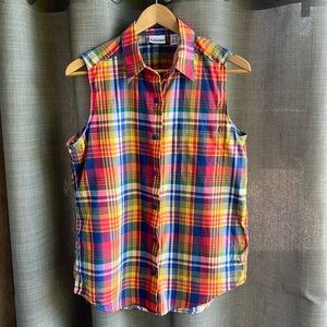 Vintage Izod sleeveless madras plaid button down shirt size medium